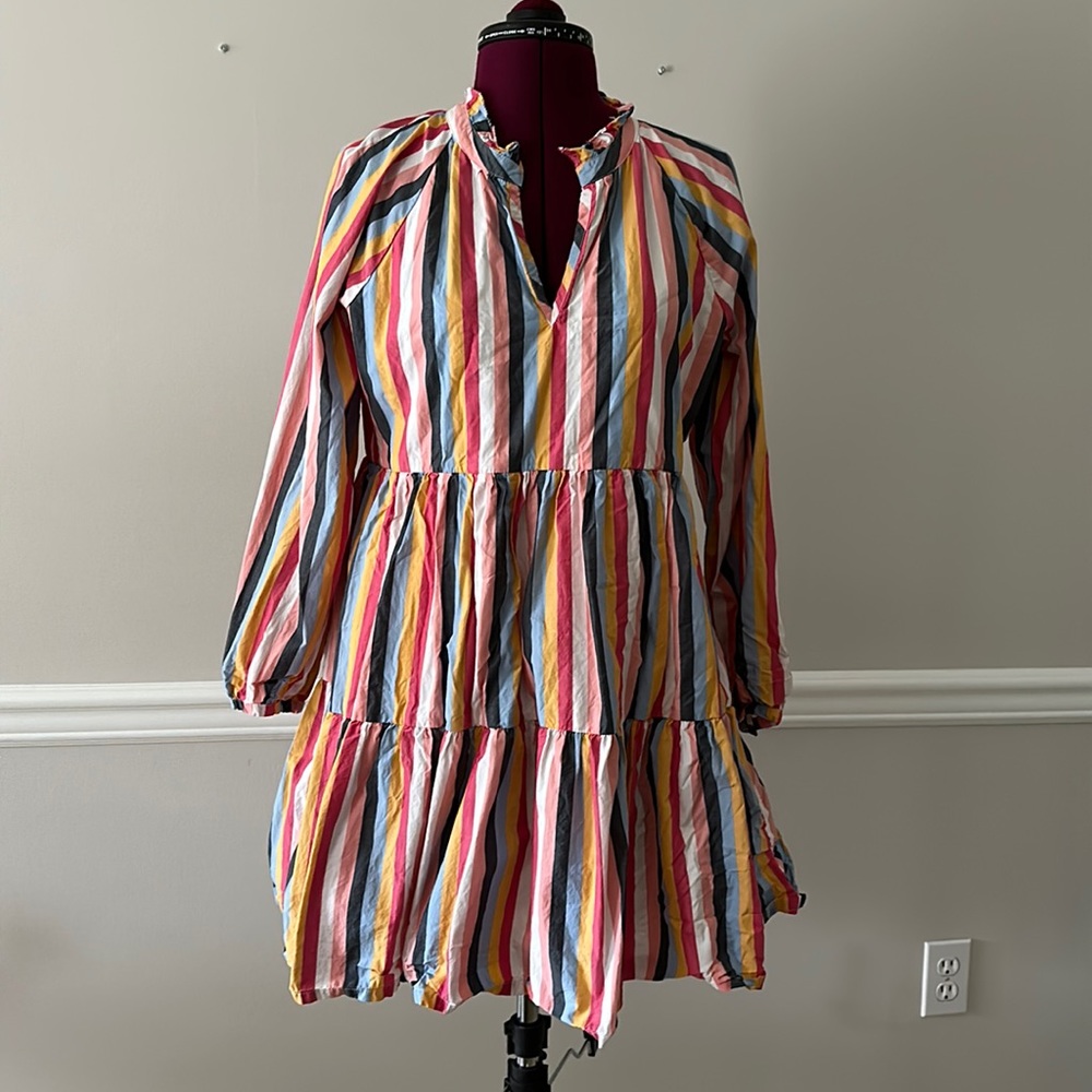 J. Crew Tiered Popover multicolor striped dress medium petite
